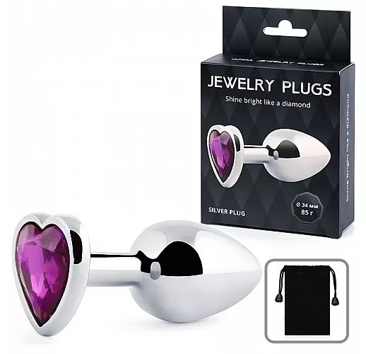Металлическая серебристая анальная пробка Jewelry Plug с лиловым стразом-сердцем - 8 см. ⌀ 3,4 см.