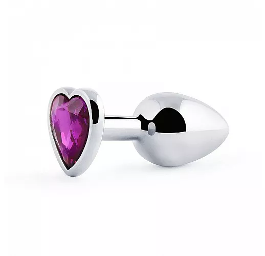 Металлическая серебристая анальная пробка Jewelry Plug с лиловым стразом-сердцем - 8 см. ⌀ 3,4 см.