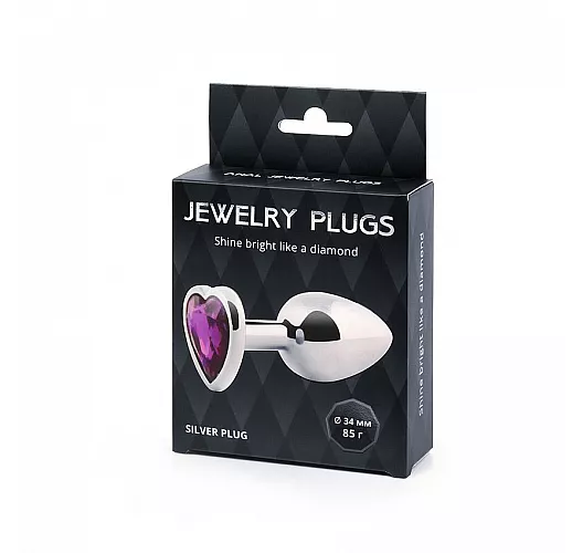 Металлическая серебристая анальная пробка Jewelry Plug с лиловым стразом-сердцем - 8 см. ⌀ 3,4 см.