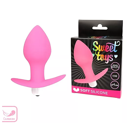 Розовая силиконовая анальная пробка "Sweet Toys Silicone" с вибрацией и ограничителем - 8 см.
