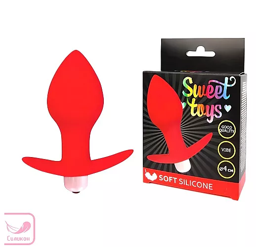 Красная силиконовая анальная пробка "Sweet Toys Silicone" с вибрацией и ограничителем - 8 см.