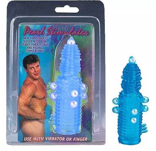 Голубая эластичная насадка на пенис с жемчужинами, точками и шипами Pearl Stimulator - 11,5 см.