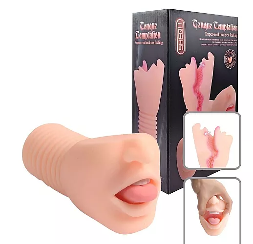 Телесный мастурбатор-ротик Shequ "Deep Throat" с подвижным язычком и глубоким рельефным «горлом»