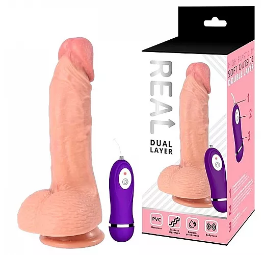 Реалистичный вибратор Real "Dual Layer" с 10 режимами вибрации и пультом управления - 21,5 см.
