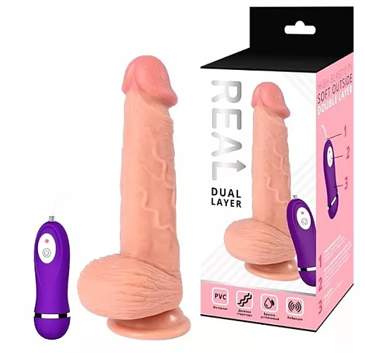 Реалистичный вибратор Real "Dual Layer" с 10 режимами вибрации и пультом управления - 20 см.