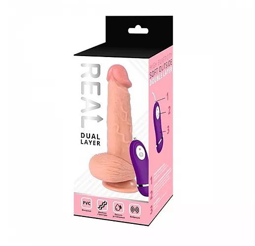Реалистичный вибратор Real "Dual Layer" с 10 режимами вибрации и пультом управления - 20 см.
