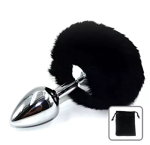 Металлическая анальная пробка Hare с заячьим хвостом из натурального меха черного цвета - 11,5 см.