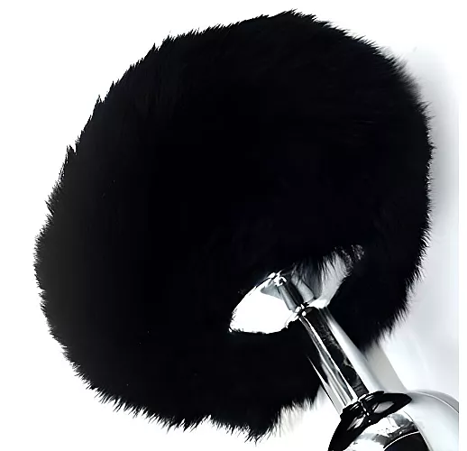Металлическая анальная пробка Hare с заячьим хвостом из натурального меха черного цвета - 11,5 см.