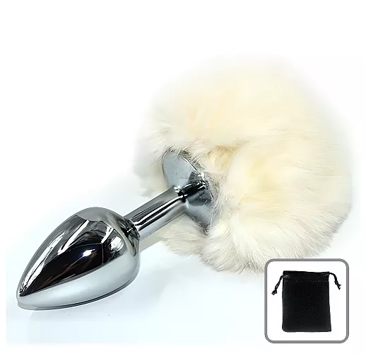 Металлическая анальная пробка Hare с заячьим хвостом из натурального меха белого цвета - 11,5 см.