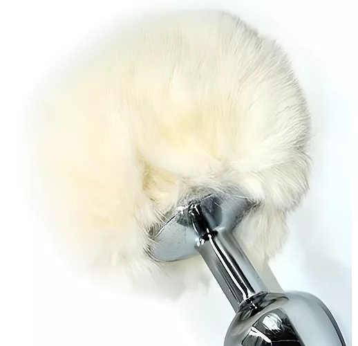 Металлическая анальная пробка Hare с заячьим хвостом из натурального меха белого цвета - 11,5 см.