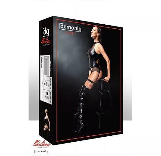 Боди Agnes с сетчатыми вставками, пажами для чулок и алой шнуровкой на спинке S-M черный