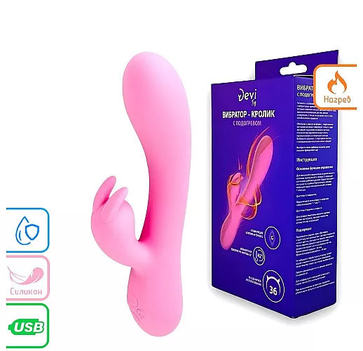 Силиконовый вибратор-кролик Devi "Pink Rabbit" с нагревом, 12 режимов, IPX6, USB - 20 см.