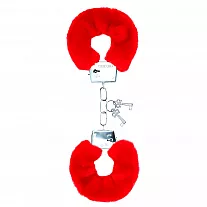 Металлические наручники Notabu D&S "Like Steel" с наружной меховой отделкой красного цвета