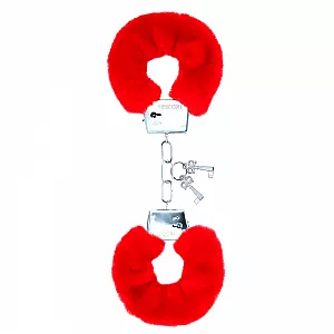 Металлические наручники Notabu D&S "Like Steel" с наружной меховой отделкой красного цвета