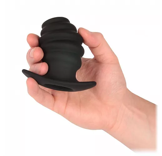 Чёрный силиконовый анальный тоннель Sex Expert "Size M" с рифленой поверхностью - 8 см.