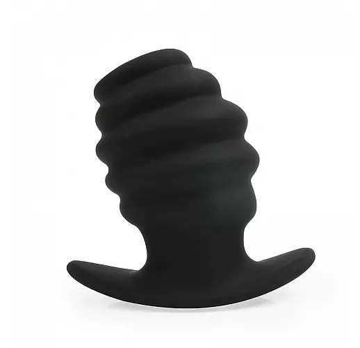 Чёрный силиконовый анальный тоннель Sex Expert "Size M" с рифленой поверхностью - 8 см.