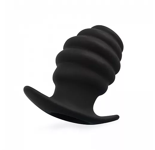 Чёрный силиконовый анальный тоннель Sex Expert "Size M" с рифленой поверхностью - 8 см.