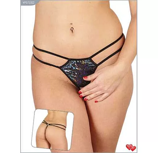 Блестящие открытые трусики-стринги с двойной резинкой L черный