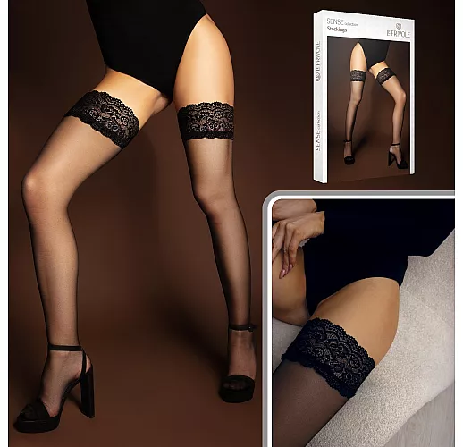 Чёрные капроновые чулки из Sense Collection от Le Frivole с кружевной резинкой S-M
