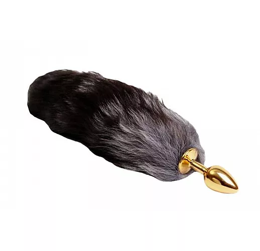 Золотистая анальная пробка с чёрным лисьим хвостом