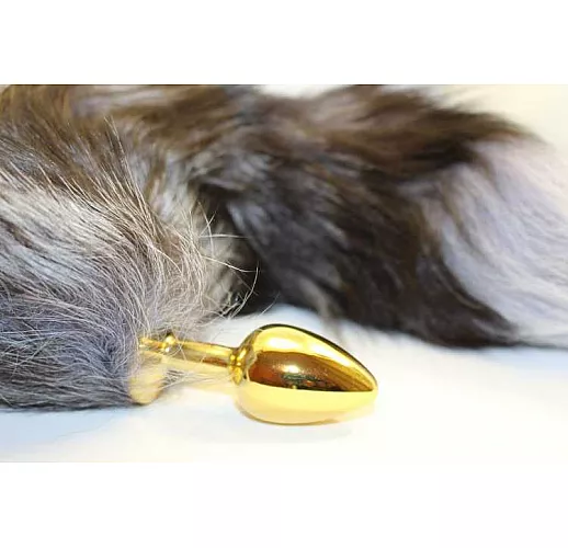 Золотистая анальная пробка с чёрным лисьим хвостом