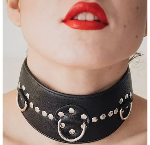 Чёрный ошейник Arsenal Collar из прочной натуральной кожи с декором из металлических заклепок