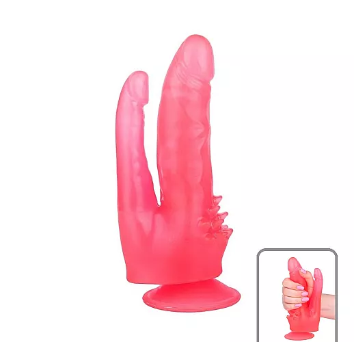 Розовый двойной фаллоимитатор из геля с шипами для дополнительной стимуляции и присоской - 17 см.