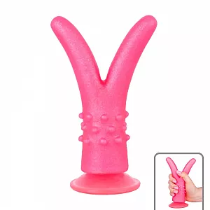 Вагинально-анальный раздвоенный гелевый фаллоимитатор для усиленной стимуляции - 16 см.