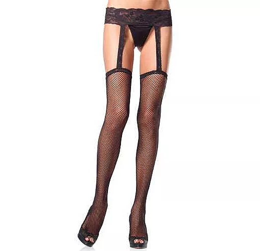 Сетчатые чулки на ажурных пажах и пояске S-M-L черный
