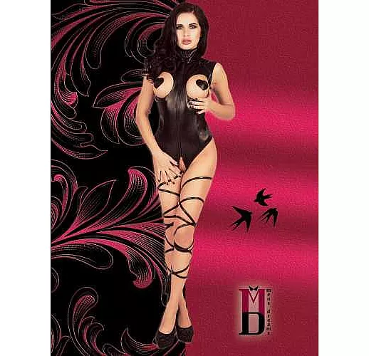 Боди с открытой грудью и лентами по ногам M-L черный