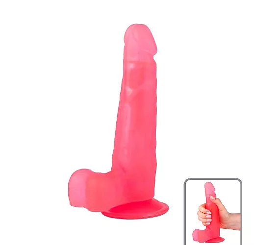 Розовый фаллоимитатор из геля, с удлинённой мошонкой и присоской - 16,5 см.