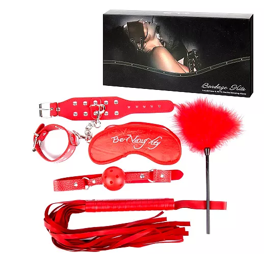 Дерзкий красный набор БДСМ Notabu "D&S Be Naughty": наручники, плеть, кляп, маска, щекоталка