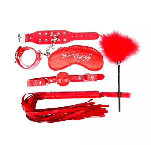 Дерзкий красный набор БДСМ Notabu "D&S Be Naughty": наручники, плеть, кляп, маска, щекоталка
