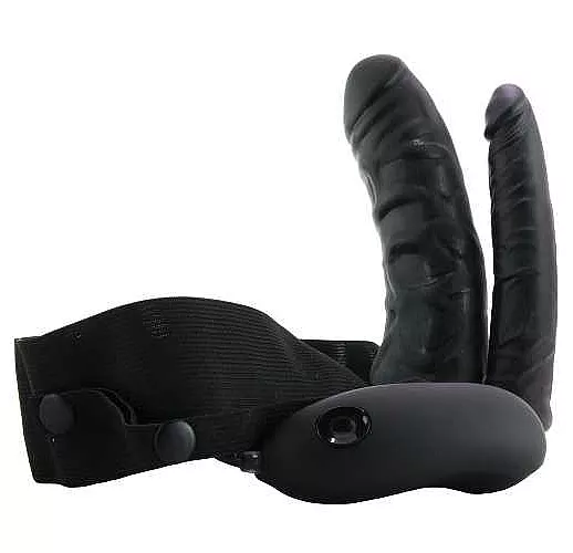 Полый страпон с двумя отростками и вибрацией Unisex Vibrating Hollow Strap-On Double Penetrating Dildo - 17,8 см.