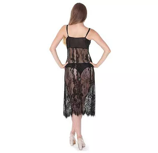 Длинная полупрозрачная кружевная сорочка на тоненьких бретельках M черный