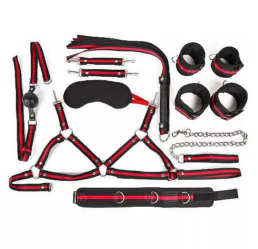 Черно-красный набор БДСМ: наручники, оковы, ошейник с поводком, кляп, маска, плеть, лиф