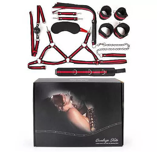 Черно-красный набор БДСМ: наручники, оковы, ошейник с поводком, кляп, маска, плеть, лиф