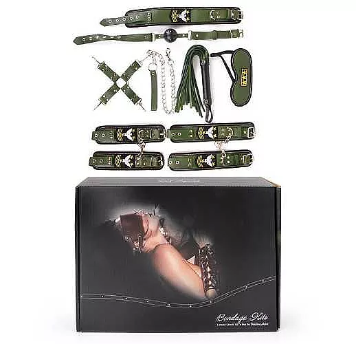 Набор в армейской тематике: наручники, оковы, ошейник с поводком, кляп, маска, плеть, фиксатор