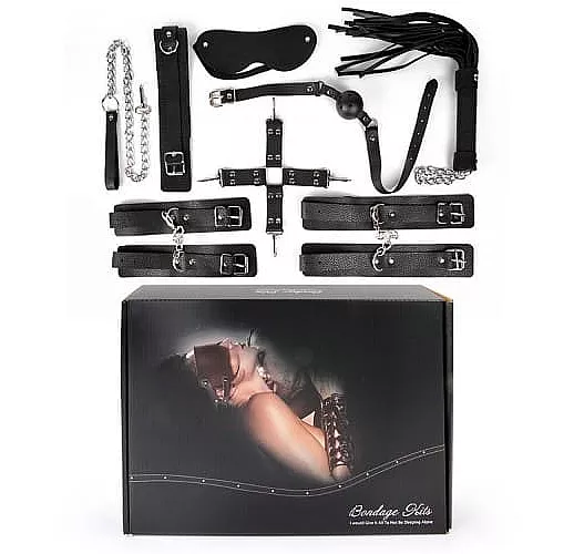 Большой черный набор БДСМ: наручники, оковы, ошейник с поводком, кляп, маска, плеть, фиксатор