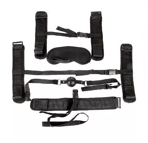 Пикантный черный текстильный набор БДСМ: наручники, оковы, ошейник с поводком, кляп, маска