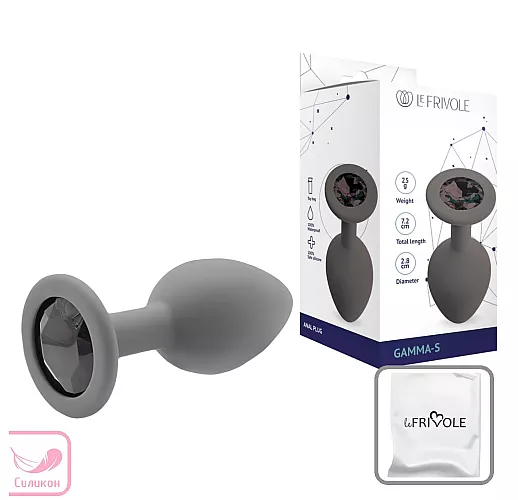 Серая силиконовая анальная пробка Gamma Greay с чёрным кристаллом - 7,2 см. ⌀ 2,8 см.