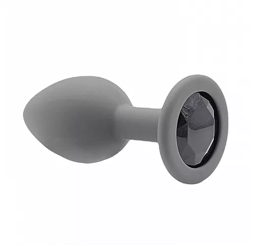 Серая силиконовая анальная пробка Gamma Greay с чёрным кристаллом - 7,2 см. ⌀ 2,8 см.
