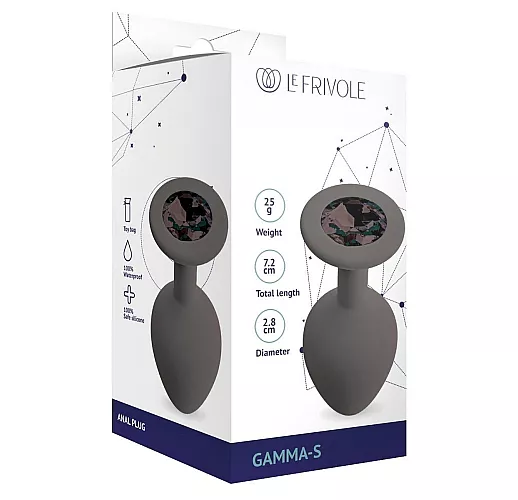 Серая силиконовая анальная пробка Gamma Greay с чёрным кристаллом - 7,2 см. ⌀ 2,8 см.