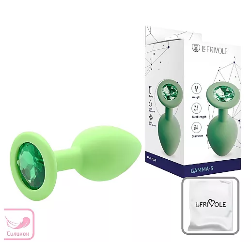 Салатовая силиконовая анальная пробка Gamma Apple с зелёным кристаллом - 7,2 см. ⌀ 2,8 см.