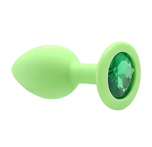 Салатовая силиконовая анальная пробка Gamma Apple с зелёным кристаллом - 7,2 см. ⌀ 2,8 см.