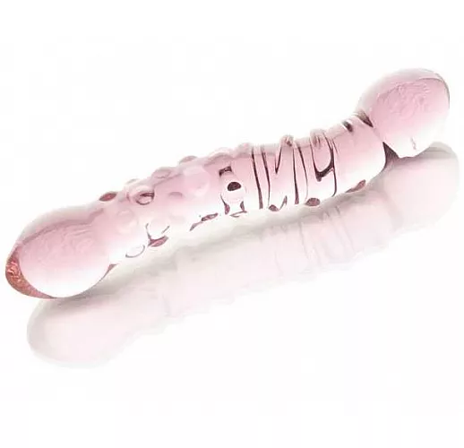Двусторонний розовый фаллос  с рёбрами и точками - 19,5 см.