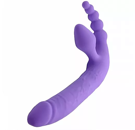 Cиликоновый безремневой страпон Bright Love Purple с вибрацией и анальной "ёлочкой" - 15 см.