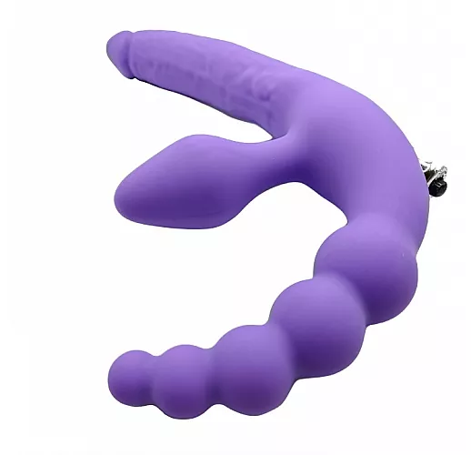 Cиликоновый безремневой страпон Bright Love Purple с вибрацией и анальной "ёлочкой" - 15 см.