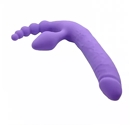 Cиликоновый безремневой страпон Bright Love Purple с вибрацией и анальной "ёлочкой" - 15 см.