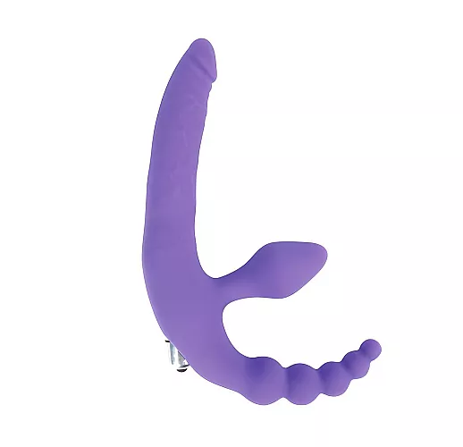 Cиликоновый безремневой страпон Bright Love Purple с вибрацией и анальной "ёлочкой" - 15 см.